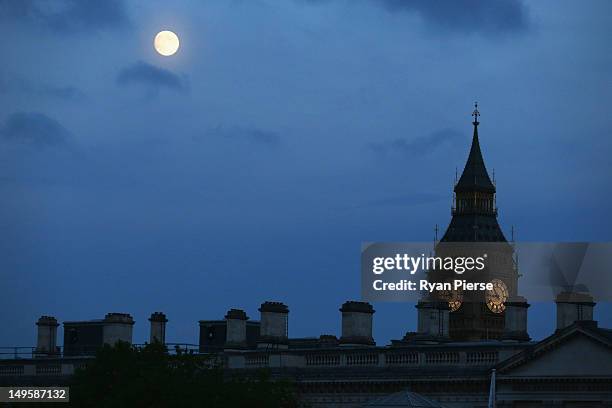 Big Ben is seen over the top of Horse Guards during Women's Beach Volleyball Preliminary match between Canada and Russia on Day 4 at Horse Guards...