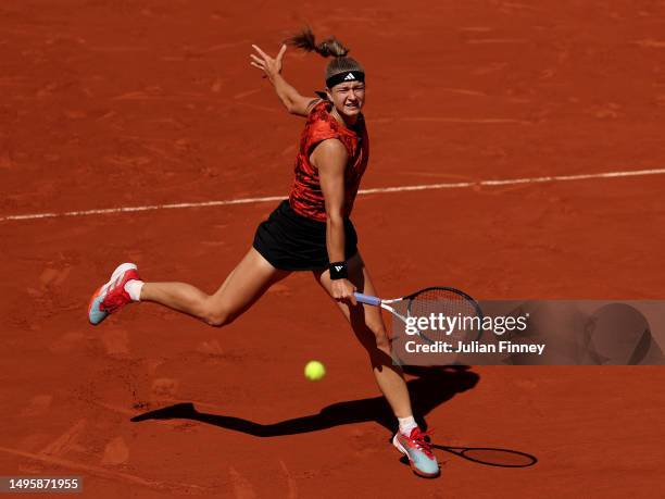 Karolina Muchova of Czech Republic plays a backhand against Elina Avanesyan during the Women's Singles Fourth Round match on Day Eight of the 2023...