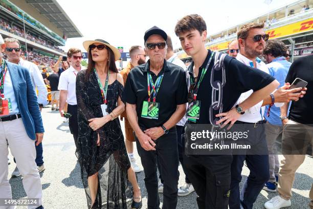 Catherine Zeta-Jones with her husband Michael Douglas and son Dylan Douglas on the grid during the F1 Grand Prix of Spain at Circuit de...