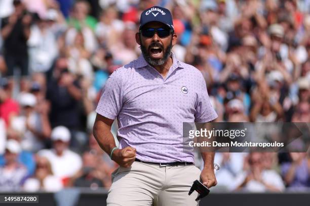 Pablo Larrazabal of Spain celebrates his final putt and victory on the 18th green during Day Four of the KLM Open at Bernardus Golf on May 28, 2023...