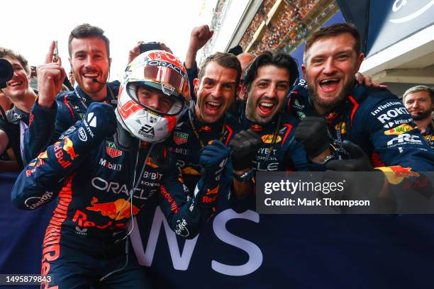 Race winner Max Verstappen of the Netherlands and Oracle Red Bull Racing celebrates with his team in parc ferme during the F1 Grand Prix of Spain at...