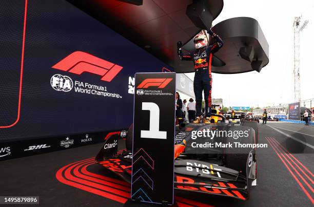 Race winner Max Verstappen of the Netherlands and Oracle Red Bull Racing celebrates in parc ferme during the F1 Grand Prix of Spain at Circuit de...