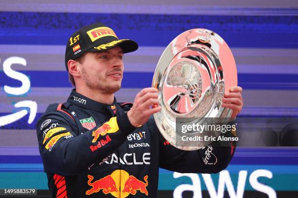 First placed Max Verstappen of Netherland and Oracle Red Bull Racing celebrates on the podium during the F1 Grand Prix of Spain at Circuit de...