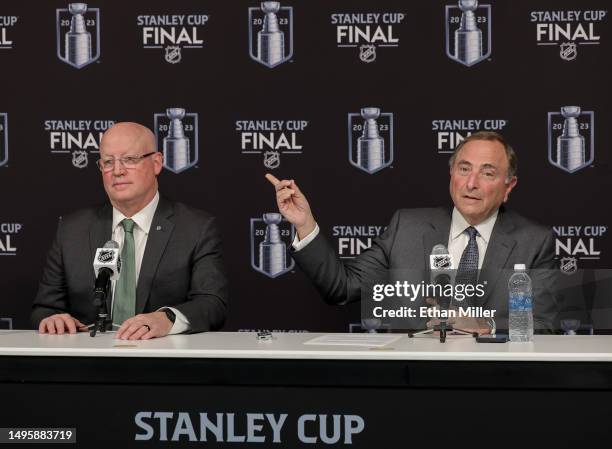 Deputy Commissioner Bill Daly and NHL Commissioner Gary Bettman hold a news conference before Game One of the 2023 NHL Stanley Cup Final between the...