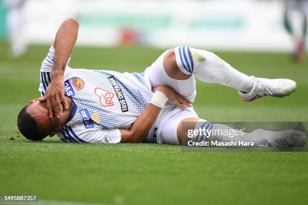 Ewerton of Vegalta Sendai fainting in agony during the J.LEAGUE Meiji Yasuda J2 19th Sec. Match between Tokyo Verdy and Vegalta Sendai at Ajinomoto...