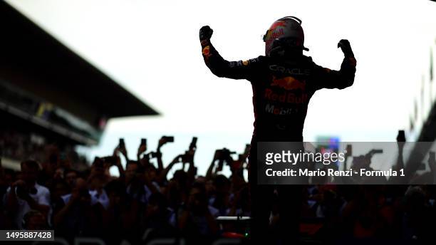 Race winner Max Verstappen of the Netherlands and Oracle Red Bull Racing celebrates in parc ferme during the F1 Grand Prix of Spain at Circuit de...