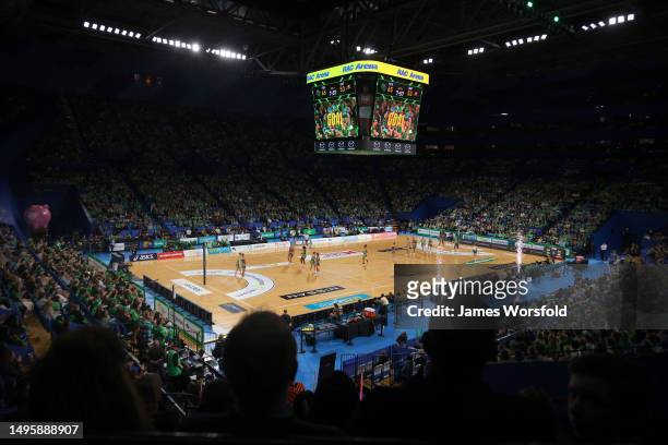 General view of the crowd at RAC Arena during the round 12 Super Netball match between West Coast Fever and Sunshine Coast Lightning at RAC Arena, on...