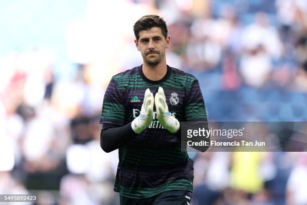 Thibaut Courtois of Real Madrid warms up prior to the LaLiga Santander match between Real Madrid CF and Athletic Club at Estadio Santiago Bernabeu on...