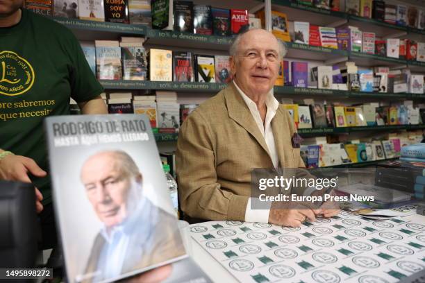 Former vice-president of the Spanish government Rodrigo Rato signs copies of his book 'Rodrigo Rato. Hasta aqui hemos llegado' at the 82nd Madrid...