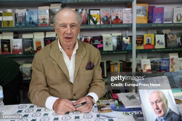 Former vice-president of the Spanish government Rodrigo Rato signs copies of his book 'Rodrigo Rato. Hasta aqui hemos llegado' at the 82nd Madrid...