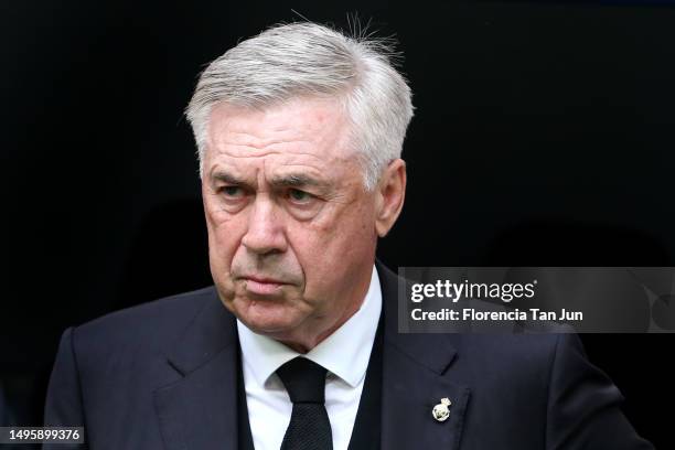 Carlo Ancelotti, Head Coach of Real Madrid, looks on prior to the LaLiga Santander match between Real Madrid CF and Athletic Club at Estadio Santiago...