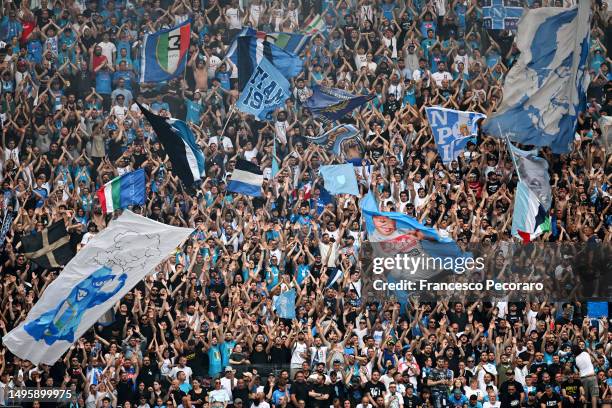 Napoli fans show their support during the Serie A match between SSC Napoli and UC Sampdoria at Stadio Diego Armando Maradona on June 04, 2023 in...