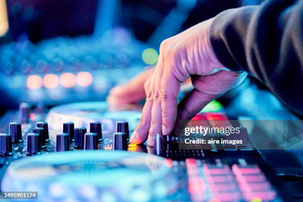 close-up view of modern electrical sound mixer console during concert. - stereo stock pictures, royalty-free photos & images