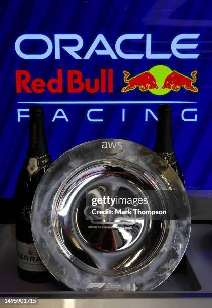 The Race winner trophy of Max Verstappen of the Netherlands and Oracle Red Bull Racing is pictured in the garage after the F1 Grand Prix of Spain at...