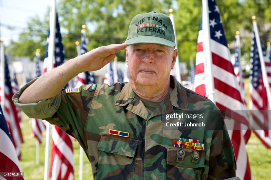 Vietnam War Veteran standing with American Flags saluting