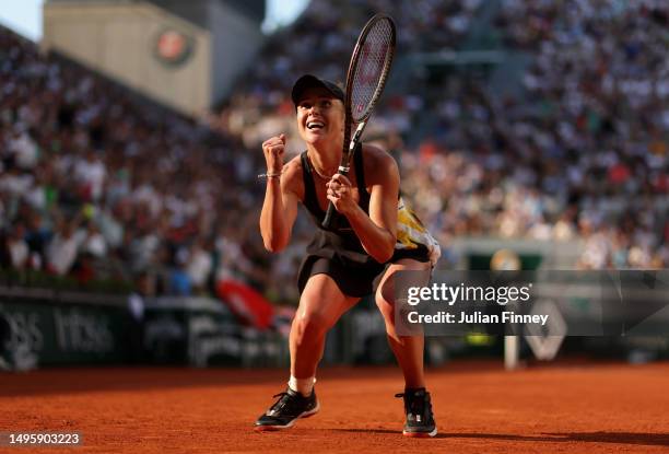 Elina Svitolina of Ukraine celebrates winning match point against Darya Kasatkina during the Women's Singles Fourth Round match on Day Eight of the...