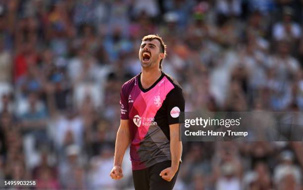 Ben Green of Somerset celebrates the wicket of Ben Allison of Essex during the Vitality Blast T20 match between Somerset and Essex at The Cooper...