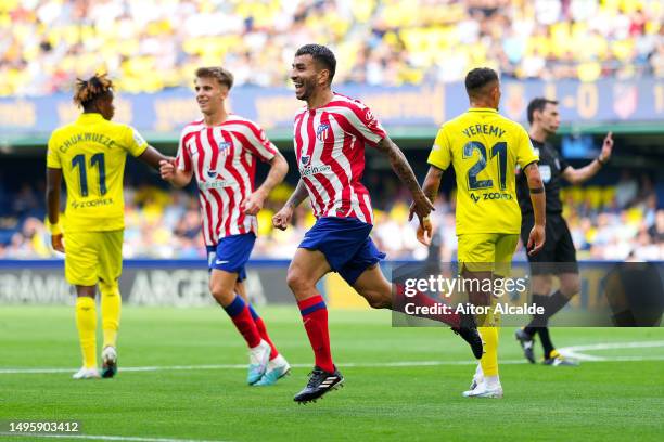 Angel Correa of Atletico Madrid celebrates after scoring their sides first goal during the LaLiga Santander match between Villarreal CF and Atletico...