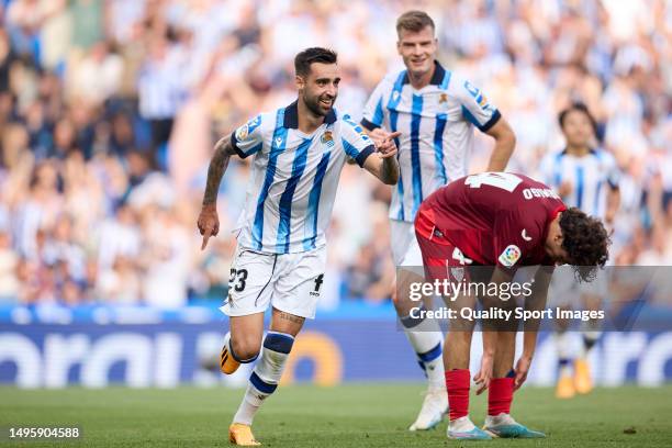 Brais Mendez of Real Sociedad celebrates after scoring his team's first goal during the LaLiga Santander match between Real Sociedad and Sevilla FC...