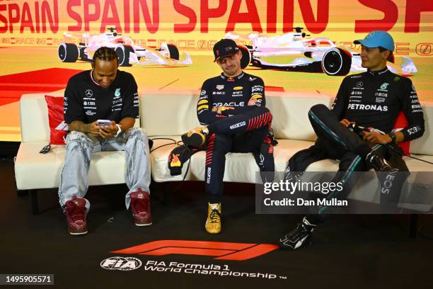 Race winner Max Verstappen of the Netherlands and Oracle Red Bull Racing Second placed Lewis Hamilton of Great Britain and Mercedes and Third placed...