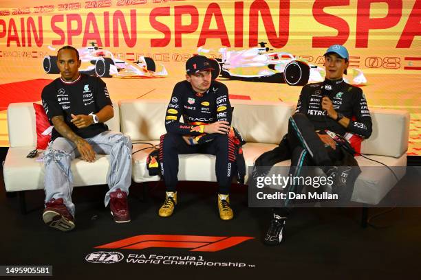 Race winner Max Verstappen of the Netherlands and Oracle Red Bull Racing Second placed Lewis Hamilton of Great Britain and Mercedes and Third placed...