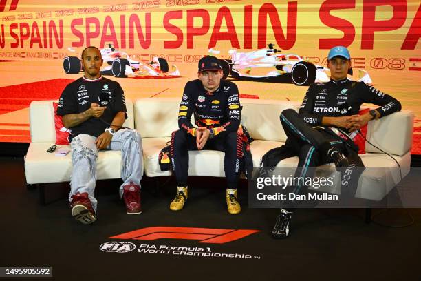 Race winner Max Verstappen of the Netherlands and Oracle Red Bull Racing Second placed Lewis Hamilton of Great Britain and Mercedes and Third placed...
