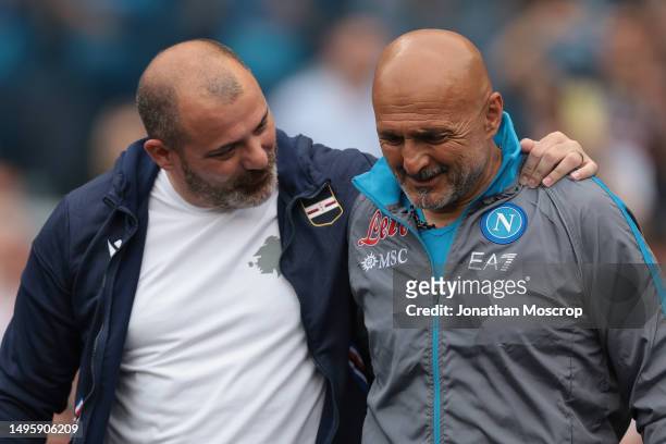 Dejan Stankovic Head coach of UC Sampdoria shares a light hearted moment with Luciano Spalletti Head coach of SSC Napoli prior to kick off in the...