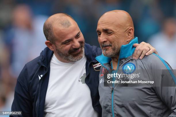 Dejan Stankovic Head coach of UC Sampdoria shares a light hearted moment with Luciano Spalletti Head coach of SSC Napoli prior to kick off in the...