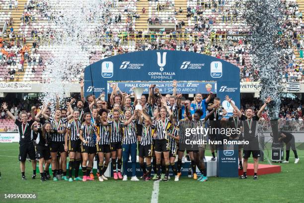 Valentina Cernoia of Juventus FC lifts the Coppa Italia Women's Trophy after the team's victory during the women Coppa Italia 2022/23 final match...