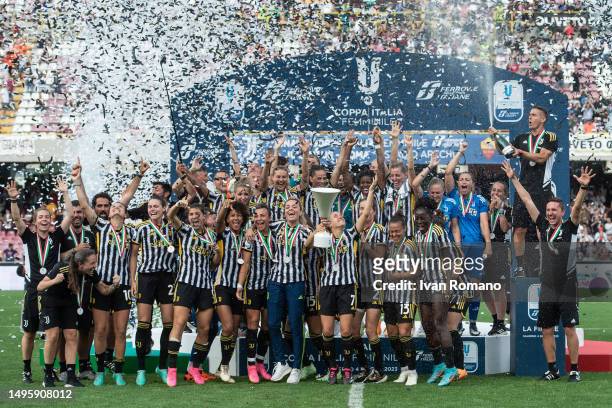Valentina Cernoia of Juventus FC lifts the Coppa Italia Women's Trophy after the team's victory during the women Coppa Italia 2022/23 final match...