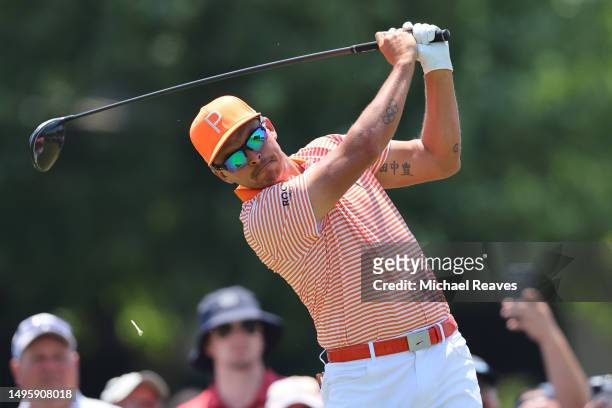 Rickie Fowler of the United States hits a tee shot on the tenth hole during the final round of the Memorial Tournament presented by Workday at...