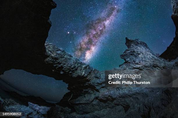 man gazing into milky way galaxy at night with unique rock formations in foreground - asteroid stock pictures, royalty-free photos & images