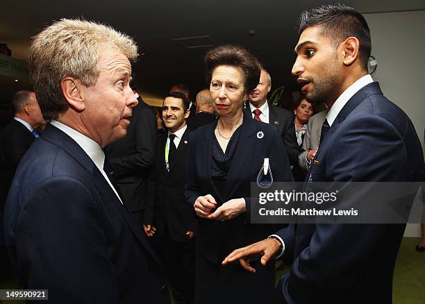 Princess Anne, The Princess Royal talks to British Olympic Association Chair Lord Colin Moynihan and Amir Khan during a reception at The Royal Opera...