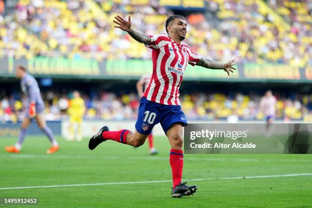 Angel Correa of Atletico Madrid celebrates after scoring their sides second goal during the LaLiga Santander match between Villarreal CF and Atletico...