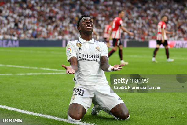 Vinicius Junior of Real Madrid reacts during the LaLiga Santander match between Real Madrid CF and Athletic Club at Estadio Santiago Bernabeu on June...