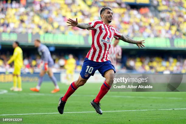 Angel Correa of Atletico Madrid celebrates after scoring their sides second goal during the LaLiga Santander match between Villarreal CF and Atletico...