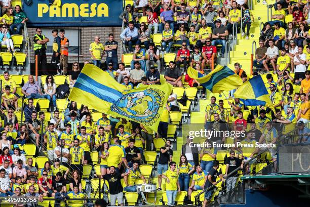Fans of Villarreal during the Santander League match between Villareal CF and Atletico de Madrid at the La Ceramica Stadium on June 4 in Castellon,...