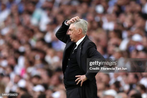 Carlo Ancelotti, Head Coach of Real Madrid, reacts during the LaLiga Santander match between Real Madrid CF and Athletic Club at Estadio Santiago...