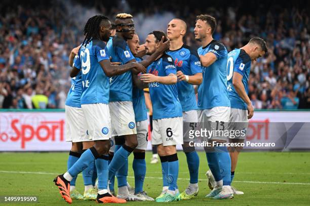 Victor Osimhen of SSC Napoli celebrates with Mario Rui and teammates after scoring the team's first goal from a penalty kick during the Serie A match...