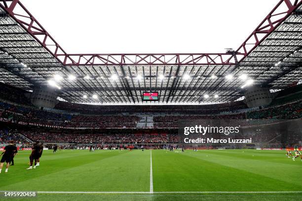 General view inside the stadium prior to the Serie A match between AC MIlan and Hellas Verona at Stadio Giuseppe Meazza on June 04, 2023 in Milan,...