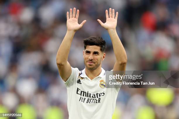 Marco Asensio of Real Madrid acknowledges the fans following the LaLiga Santander match between Real Madrid CF and Athletic Club at Estadio Santiago...