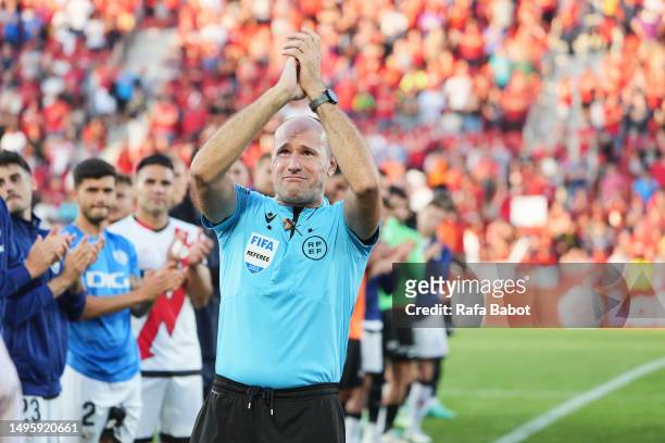 Referee, Antonio Miguel Mateu Lahoz is honored during his last match prior the LaLiga Santander match between RCD Mallorca and Rayo Vallecano at...