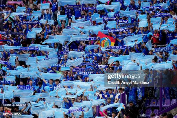 Getafe CF fans hold up flags prior to the LaLiga Santander match between Real Valladolid CF and Getafe CF at Estadio Municipal Jose Zorrilla on June...