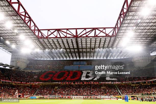 Milan fans hold a banner which reads 'Godbye' to show their support for Zlatan Ibrahimovic of AC Milan prior to the Serie A match between AC MIlan...