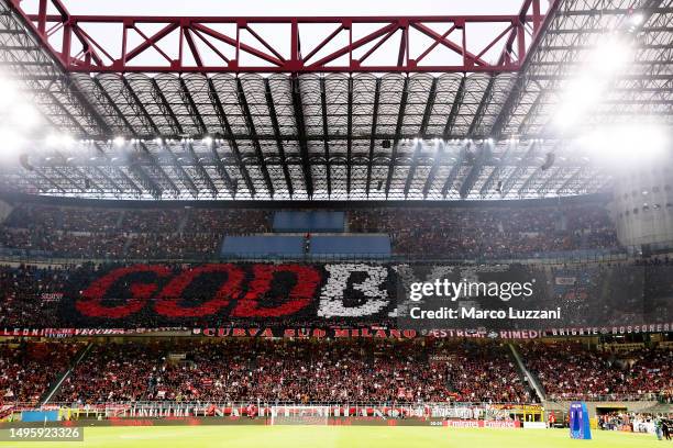 Milan fans hold a banner which reads 'Godbye' to show their support for Zlatan Ibrahimovic of AC Milan prior to the Serie A match between AC MIlan...