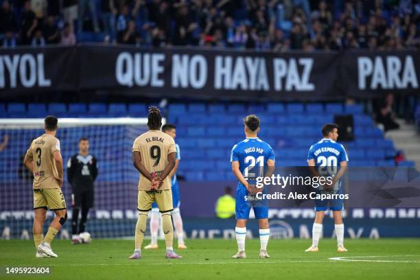 Both teams stand in protest during the LaLiga Santander match between RCD Espanyol and UD Almeria at RCDE Stadium on June 04, 2023 in Barcelona,...