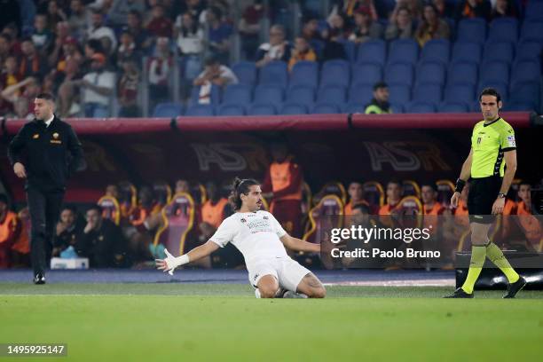 Dimitris Nikolaou of Spezia Calcio celebrates after scoring their sides first goal during the Serie A match between AS Roma and Spezia Calcio at...