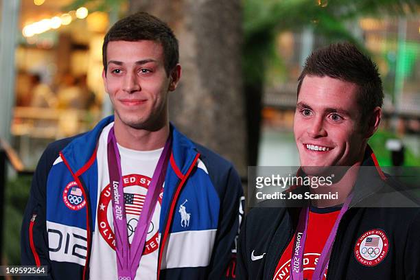Olympians Nick McCrory and David Boudia visit the USA House at the Royal College of Art on July 31, 2012 in London, England.