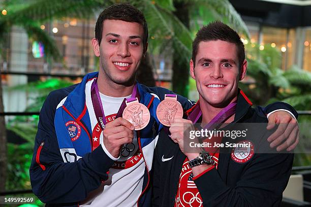 Olympians Nick McCrory and David Boudia visit the USA House at the Royal College of Art on July 31, 2012 in London, England.