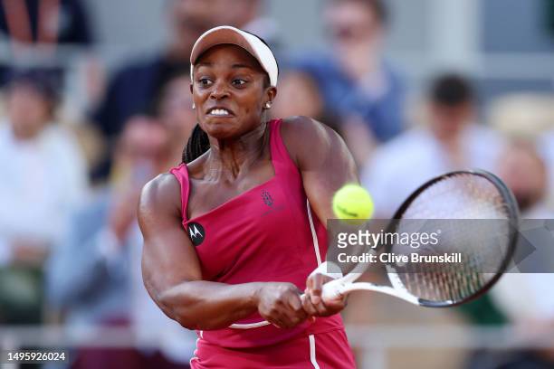 Sloane A. Stephens of United States plays a backhand against Aryna Sabalenka during the Women's Singles Fourth Round match on Day Eight of the 2023...